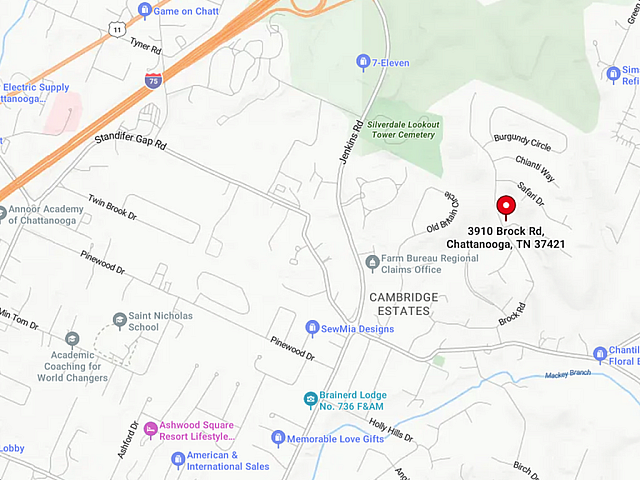 Map view showcasing the prime location of 3910 Brock Rd, Chattanooga, TN, highlighting easy access to amenities like schools, shopping centers, and recreational spots.