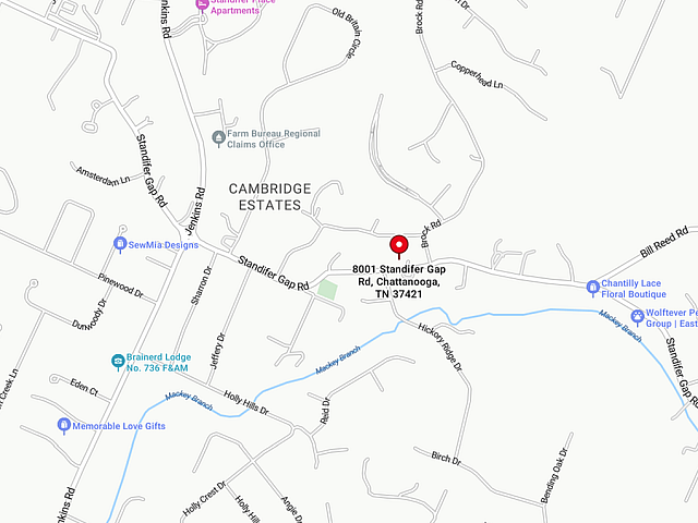 Map view showing the location of 8001 Standifer Gap Rd, Chattanooga, TN 37421, highlighting nearby landmarks like Cambridge Estates and surrounding roads.