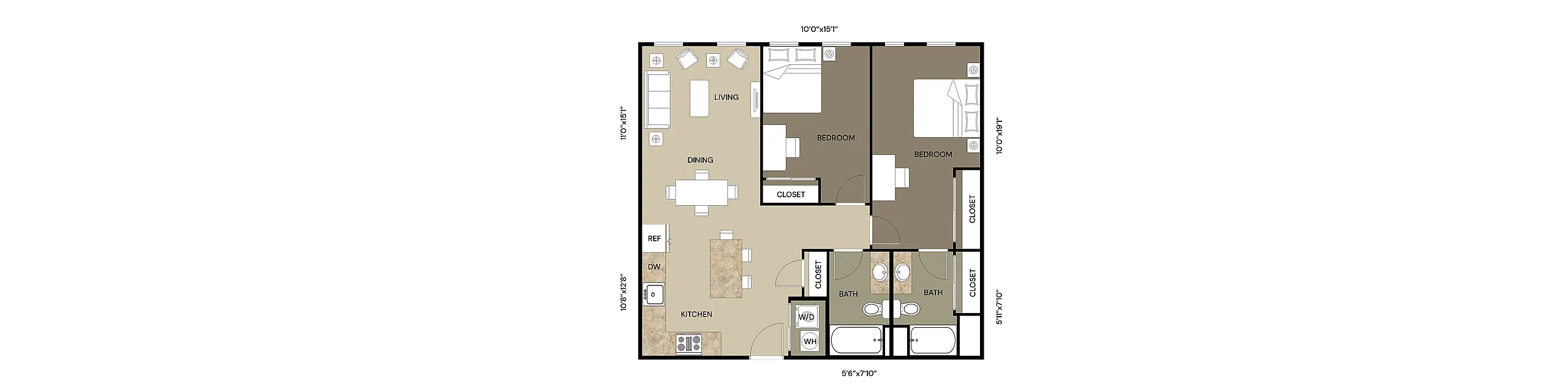 Modern apartment floor plan showcasing two spacious bedrooms, an open-concept living and dining area, a sleek kitchen, and two elegant bathrooms.