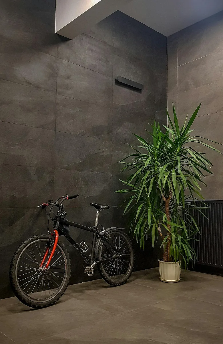 Modern apartment hallway featuring sleek dark tiled walls, a vibrant green potted plant, and a stylish black bicycle.