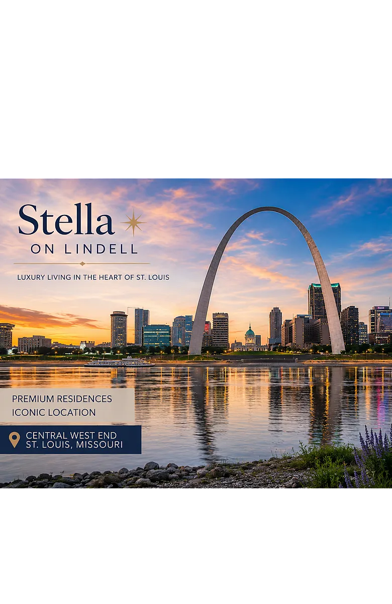 Stunning view of the iconic Gateway Arch against the vibrant sunset skyline, highlighting luxury living at Stella on Lindell, Central West End, St. Louis, Missouri. Premium residences in an iconic location.