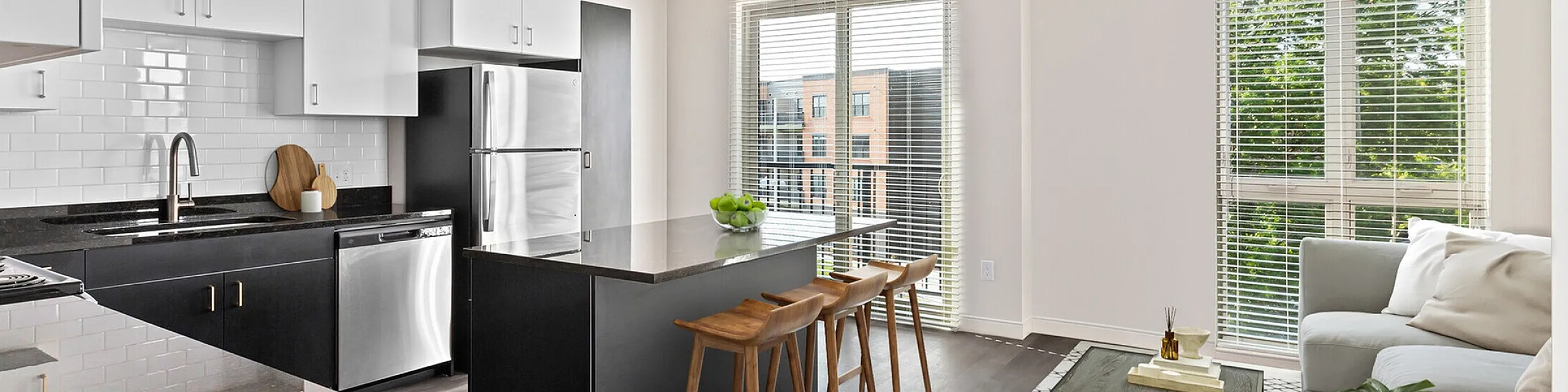 Modern open-concept kitchen and living area with sleek cabinetry, stainless steel appliances, and abundant natural light from large windows.