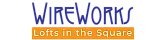WireWorks Lofts in the Square logo with bold, modern typography, capturing urban living appeal.