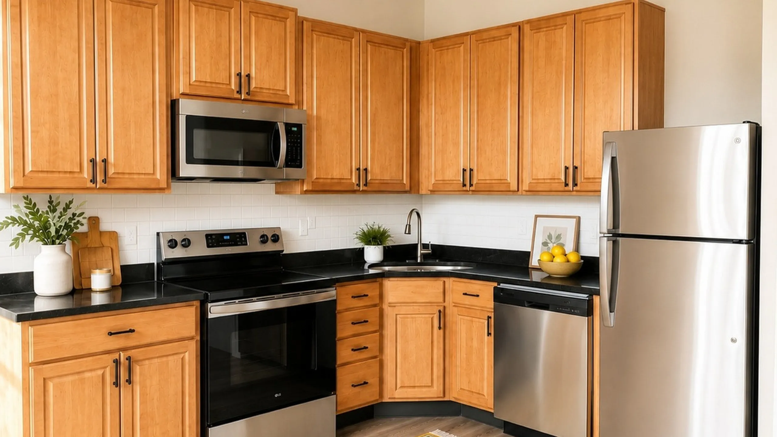 Contemporary kitchen with warm wooden cabinets, modern stainless steel appliances, and a vibrant lemon-patterned rug.
