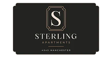 Elegant logo for Sterling Apartments located at 4343 Manchester, featuring sophisticated typography and design.
