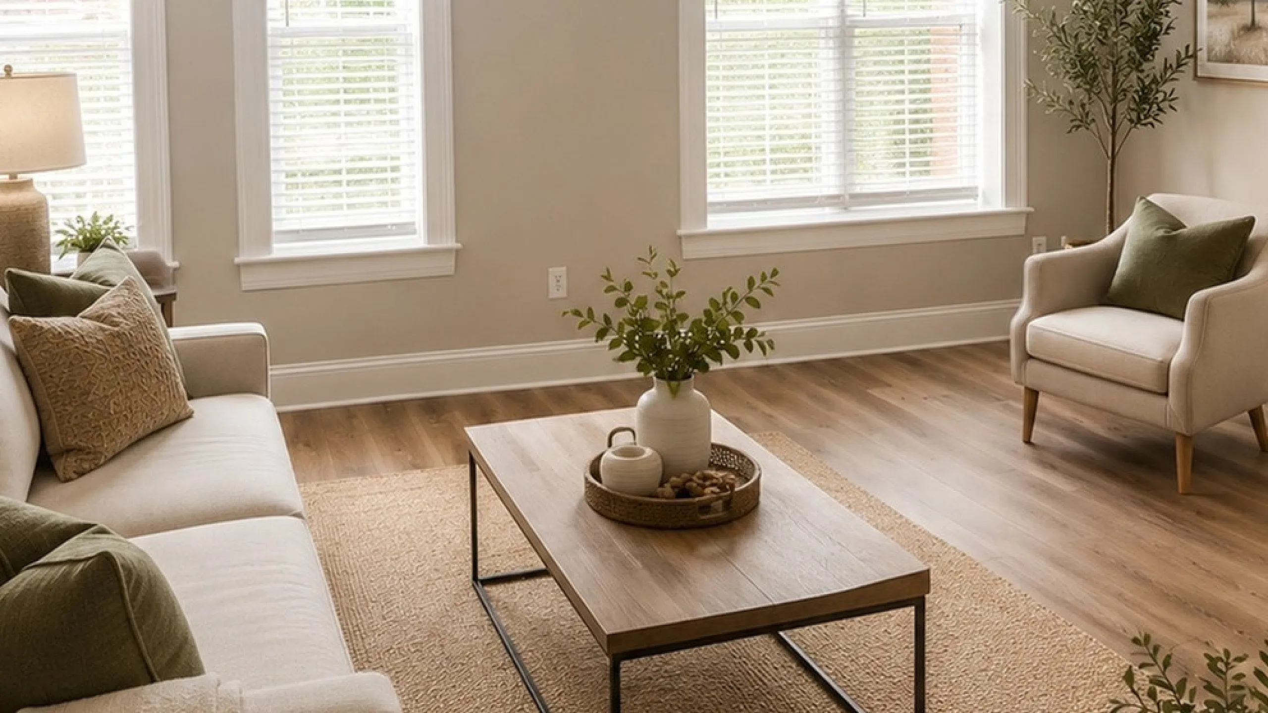Bright and elegant living room with large windows, modern ceiling fan, and cozy seating area, perfect for relaxation.