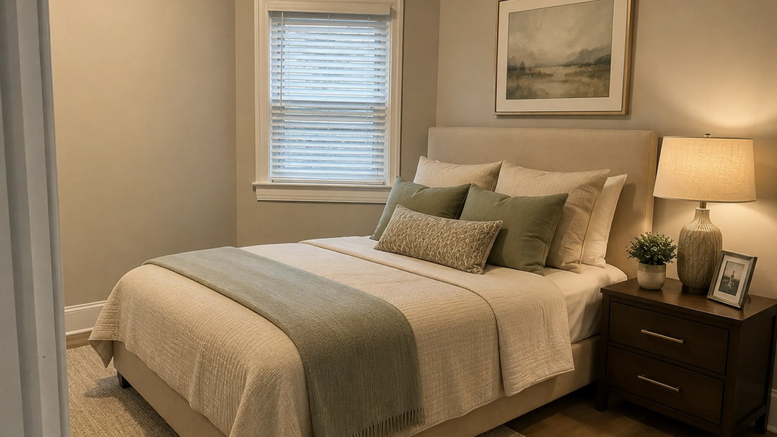 Cozy and inviting bedroom featuring a plush bed with elegant bedding, warm lighting, and tasteful decor in a serene setting.