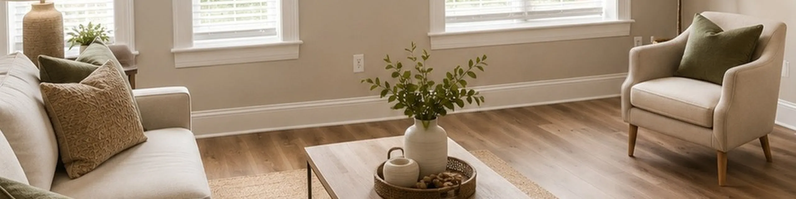 Inviting and well-lit living room with elegant decor, featuring a plush sofa, contemporary armchair, and large windows offering ample natural light.