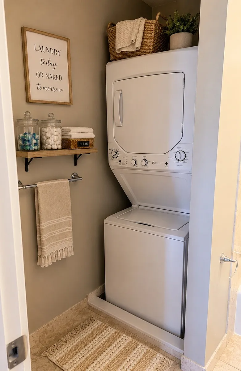 Charming laundry nook with a stacked washer and dryer, stylish shelving, and cozy decor accents.