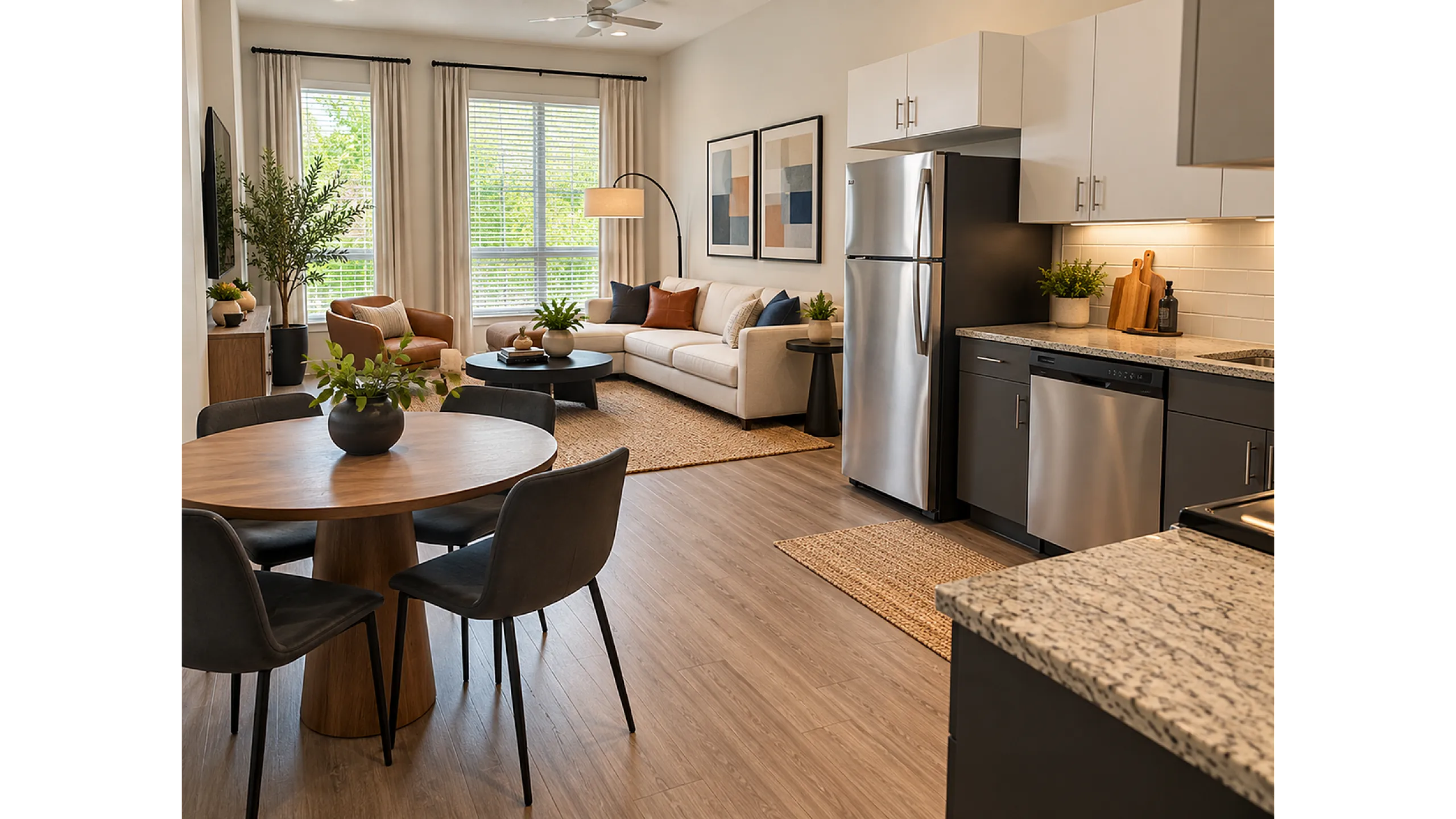Chic open-plan living area featuring a cozy seating arrangement, modern kitchen with stainless steel appliances, and elegant dining space with abundant natural light.