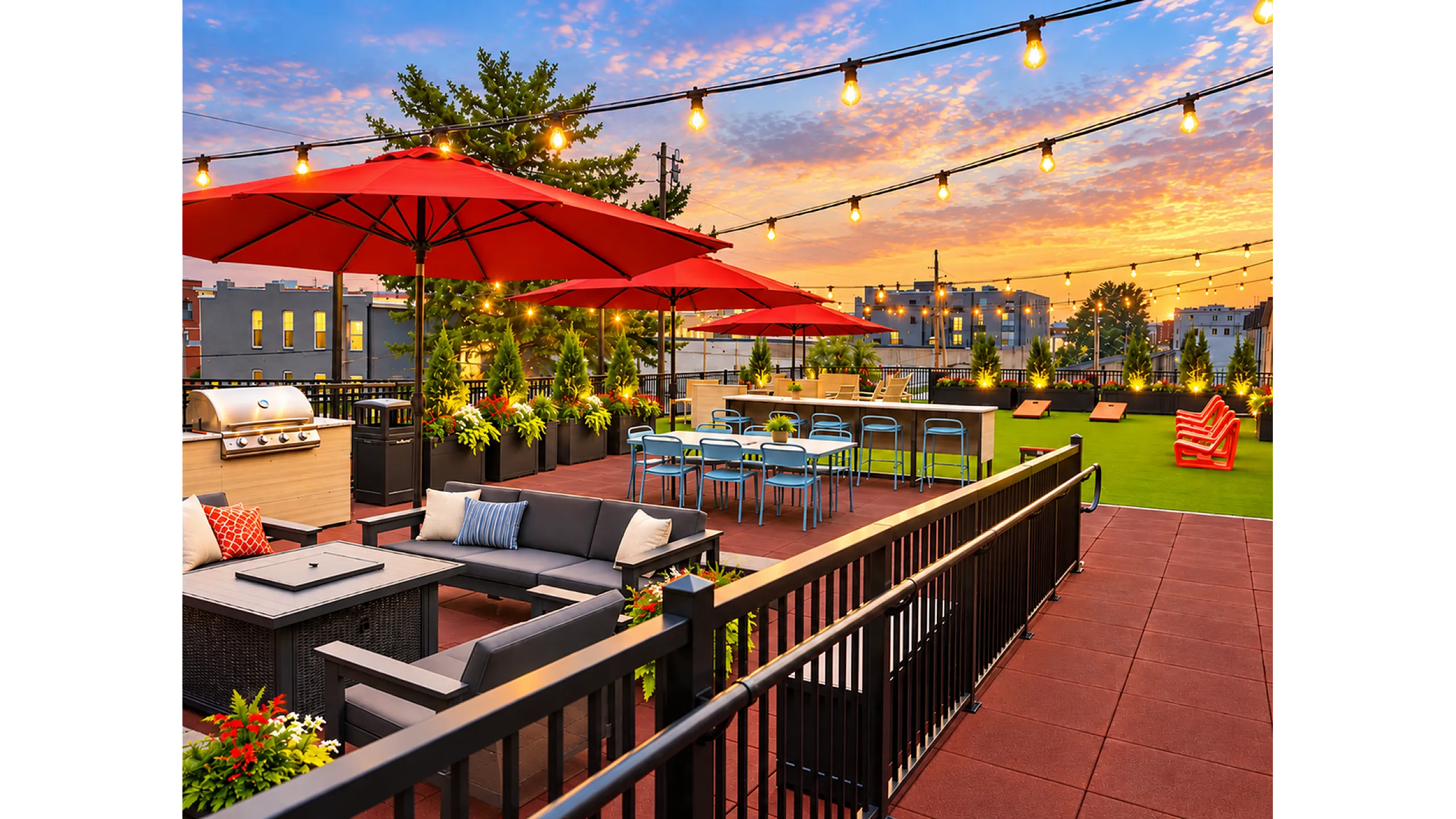 Vibrant rooftop terrace at sunset with cozy seating, charming string lights, red umbrellas, and a modern grill station.