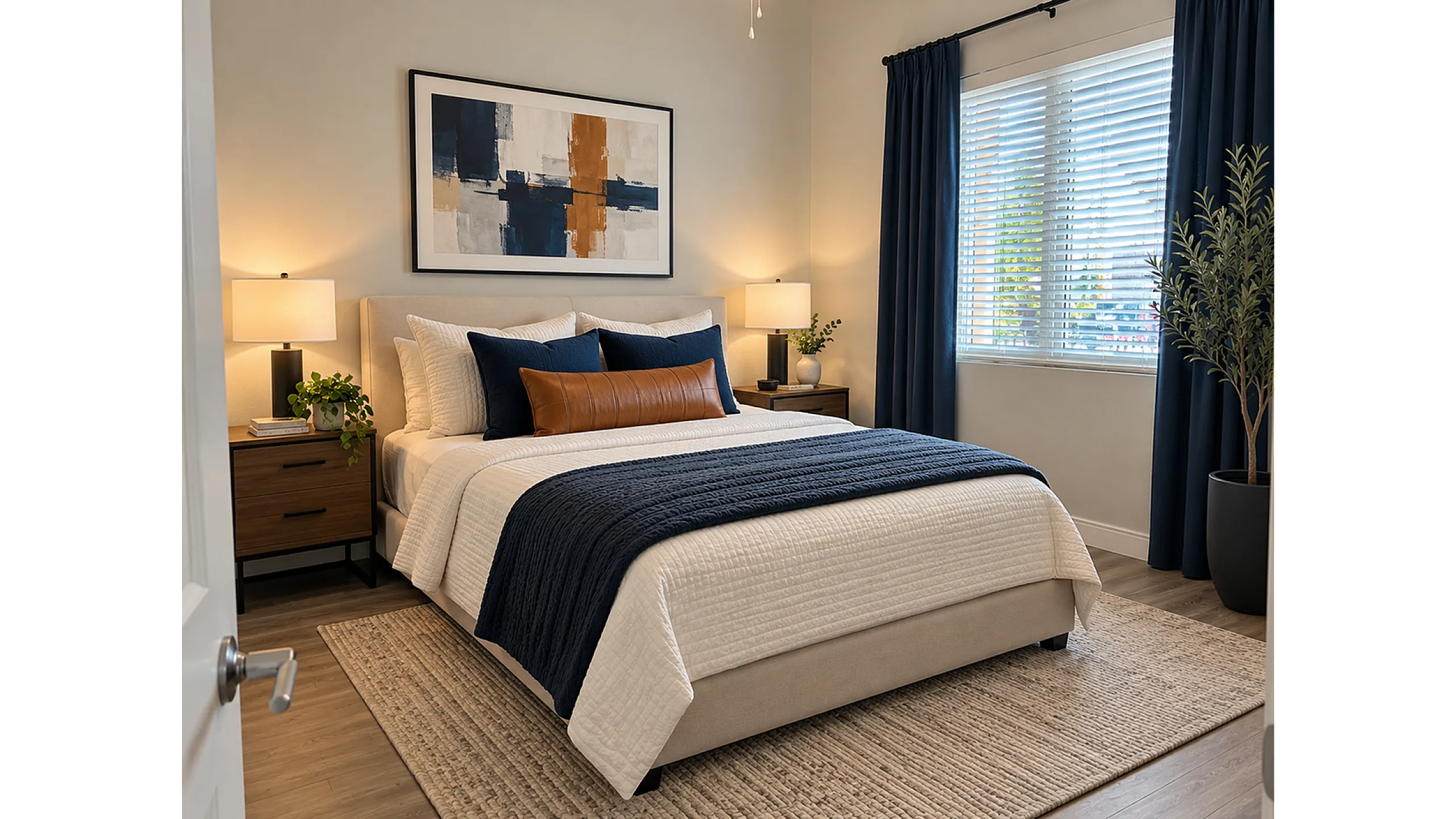 Inviting bedroom with elegant decor, featuring a cozy double bed with navy accents, stylish nightstands, and a large window with chic curtains.