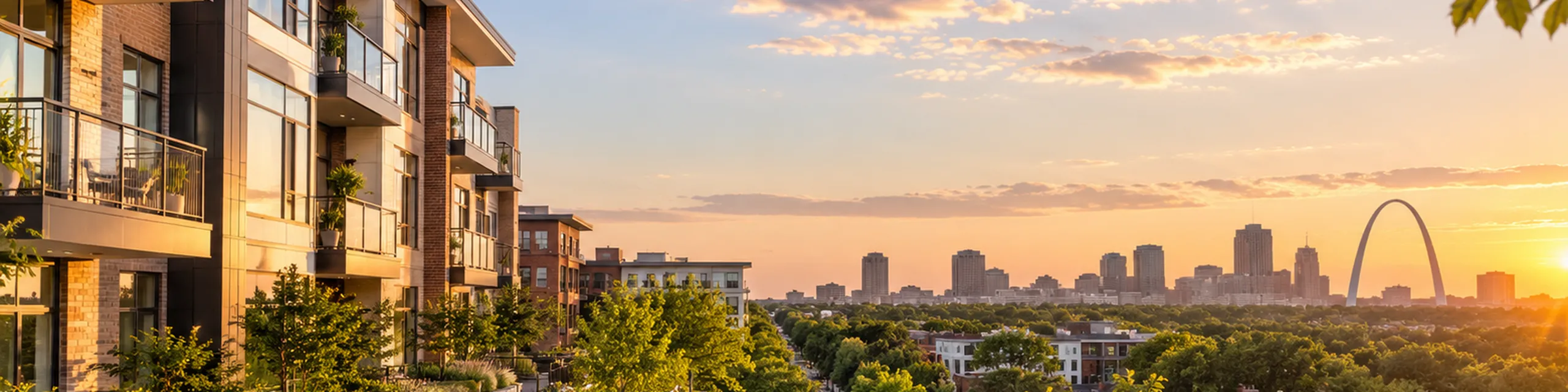 Modern cityscape view from luxurious apartment balconies, overlooking a vibrant skyline at sunset.