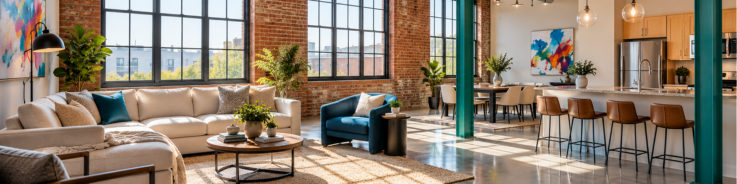 Chic open-plan loft with exposed brick, large windows, and a modern kitchen bar, offering abundant natural light and stylish decor.