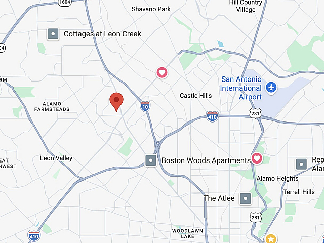 Dynamic map view showcasing desirable apartment locations near San Antonio International Airport and major highways.