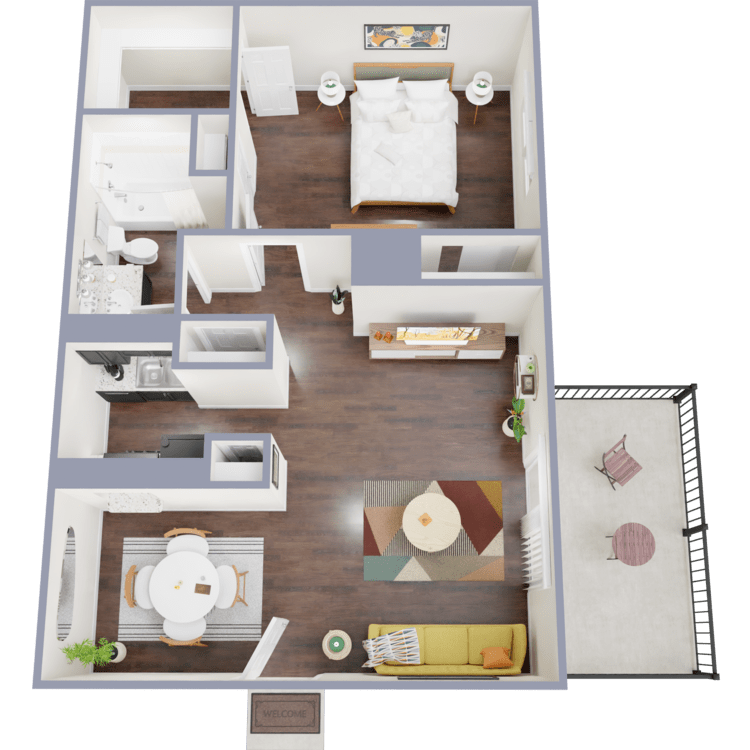 Chic 1-bedroom apartment floor plan showcasing an open-concept living area, modern kitchen, stylish bathroom, and a cozy balcony.
