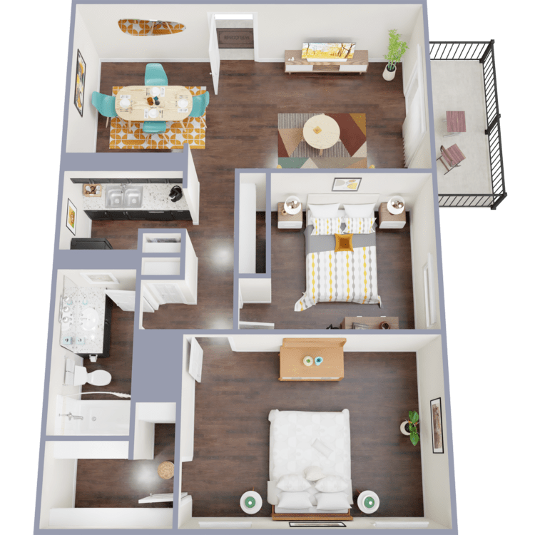 Modern 3D floor plan showcasing 2 cozy bedrooms, a stylish open-concept living and dining area, a sleek kitchen, and a private balcony. Ideal urban living space with elegant flooring and contemporary design.
