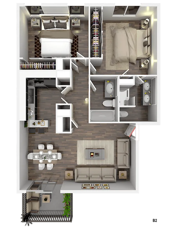 Modern 2-bedroom, 2-bathroom apartment floor plan with open-concept living and dining area, sleek kitchen, and a cozy balcony.