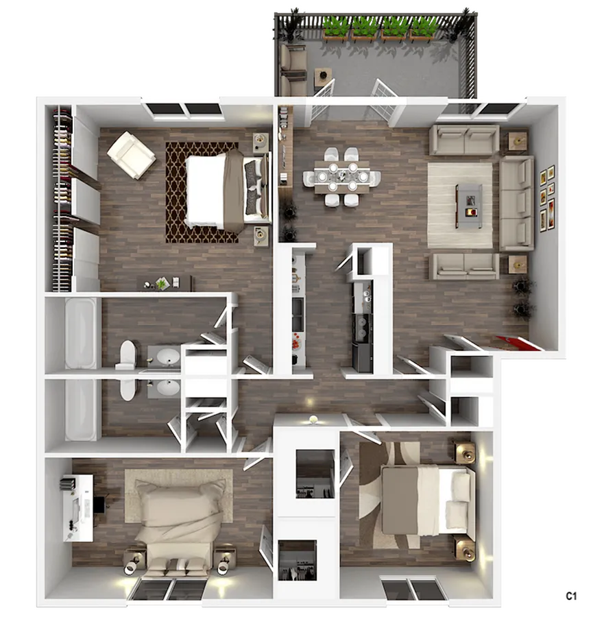 Elegant 3D floor plan featuring 3 bedrooms, 2 bathrooms, an open-concept living and dining area, and a modern kitchen, with access to a cozy outdoor patio.