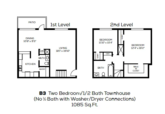 Charming B3 townhouse floor plan with 2 bedrooms, 1 and 1/2 baths, and an open living area. Features include a modern kitchen, dining space, patio, and a walk-in closet. Spacious 1085 sq ft layout ideal for comfortable living.