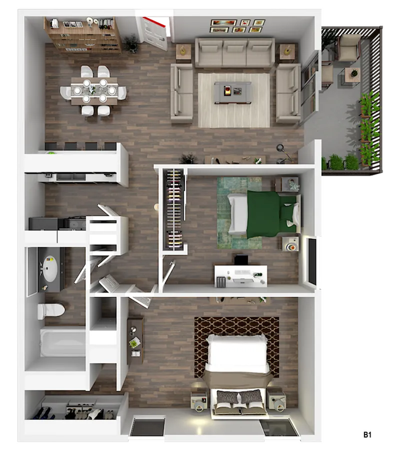 Modern 3D floor plan showcasing 2 bedrooms, elegant living area, and private balcony with lush greenery.