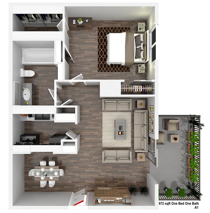 Modern floor plan showcasing a spacious one-bedroom apartment with a cozy living area, elegant dining space, contemporary kitchen, and inviting outdoor patio.