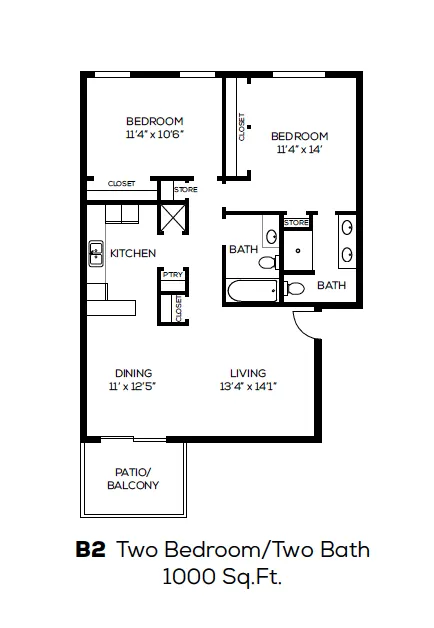 Contemporary B2 floor plan with two spacious bedrooms, two luxurious baths, open kitchen, dining area, living room, and patio; 1000 sq ft of modern living space.