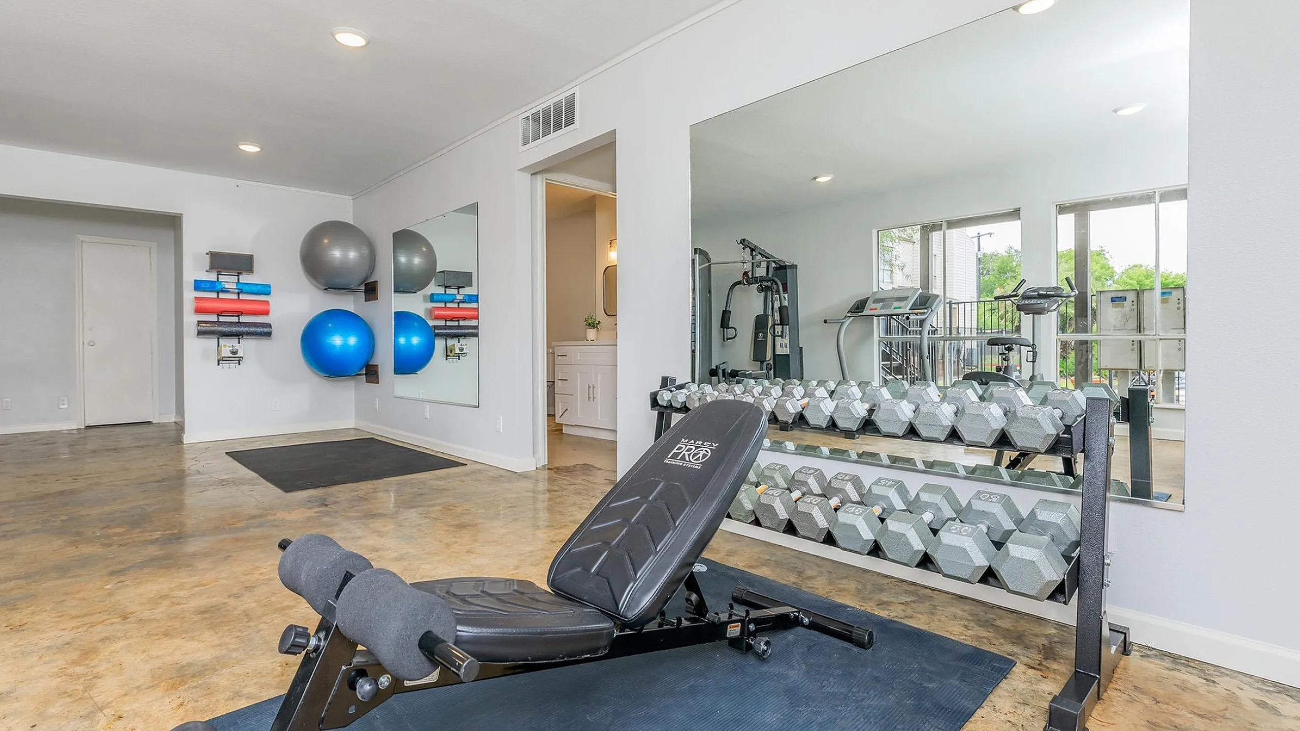 Contemporary home gym with sleek equipment, mirrored walls, colorful exercise balls, and an inviting atmosphere for a fitness enthusiast.
