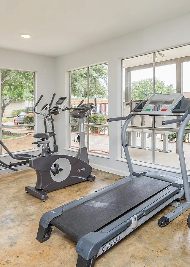 Bright and modern fitness center with state-of-the-art exercise machines, large windows, and a scenic outdoor view.