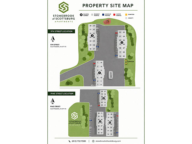 Stonebrook of Scottsburg property site map showcasing well-organized parking, vibrant green spaces, and key amenities at 5th and Pine Street locations for convenient living.