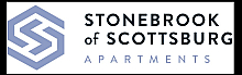 Modern logo for Stonebrook of Scottsburg Apartments featuring a sleek geometric design and elegant typography.