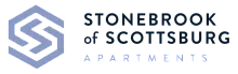 Modern logo for Stonebrook of Scottsburg Apartments featuring a sleek geometric design in blue tones.