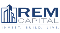Modern REM Capital logo featuring a stylized skyscraper design with the tagline 'Invest. Build. Live.'