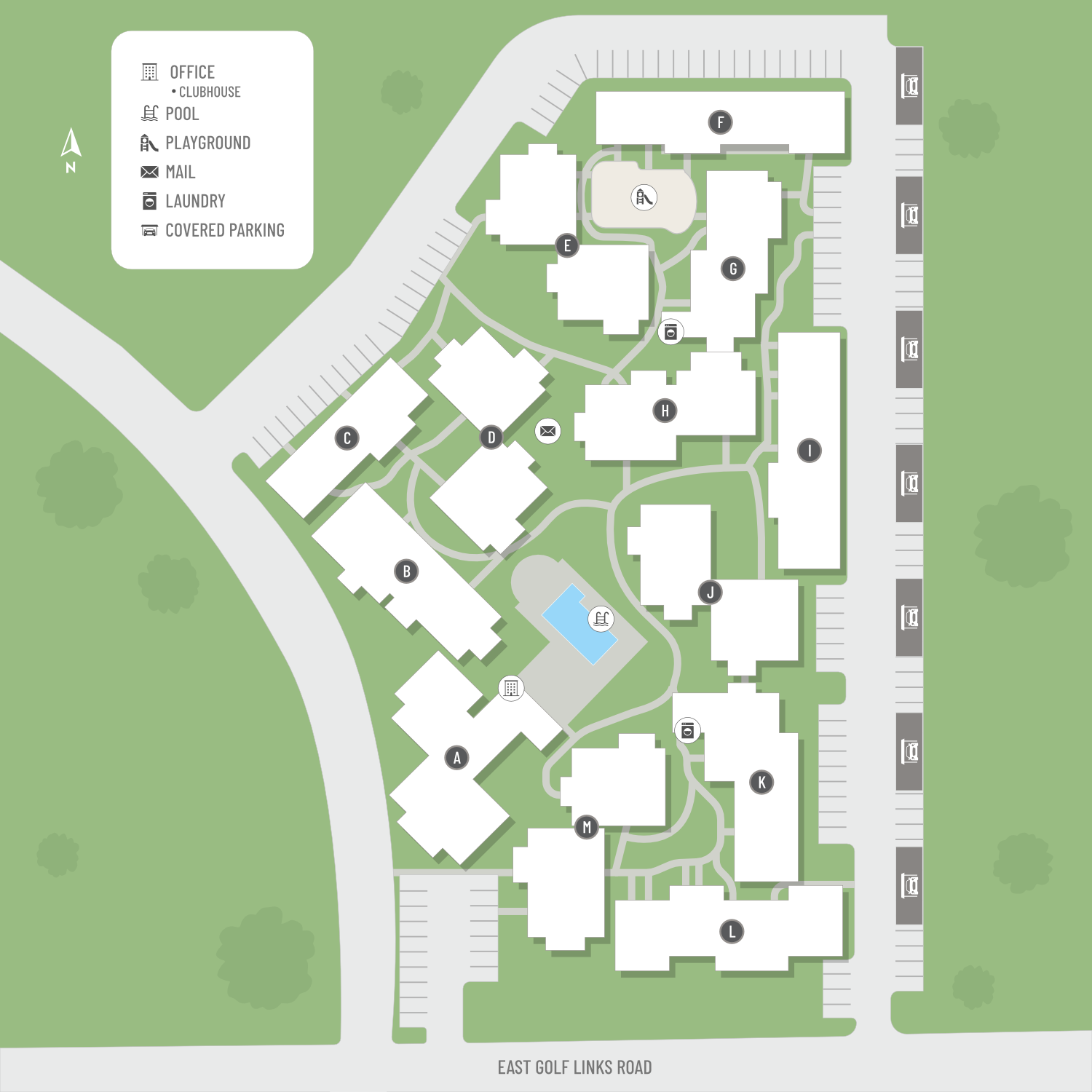 Charming apartment complex layout featuring a central pool, clubhouse, playground, and ample covered parking nestled along East Golf Links Road.