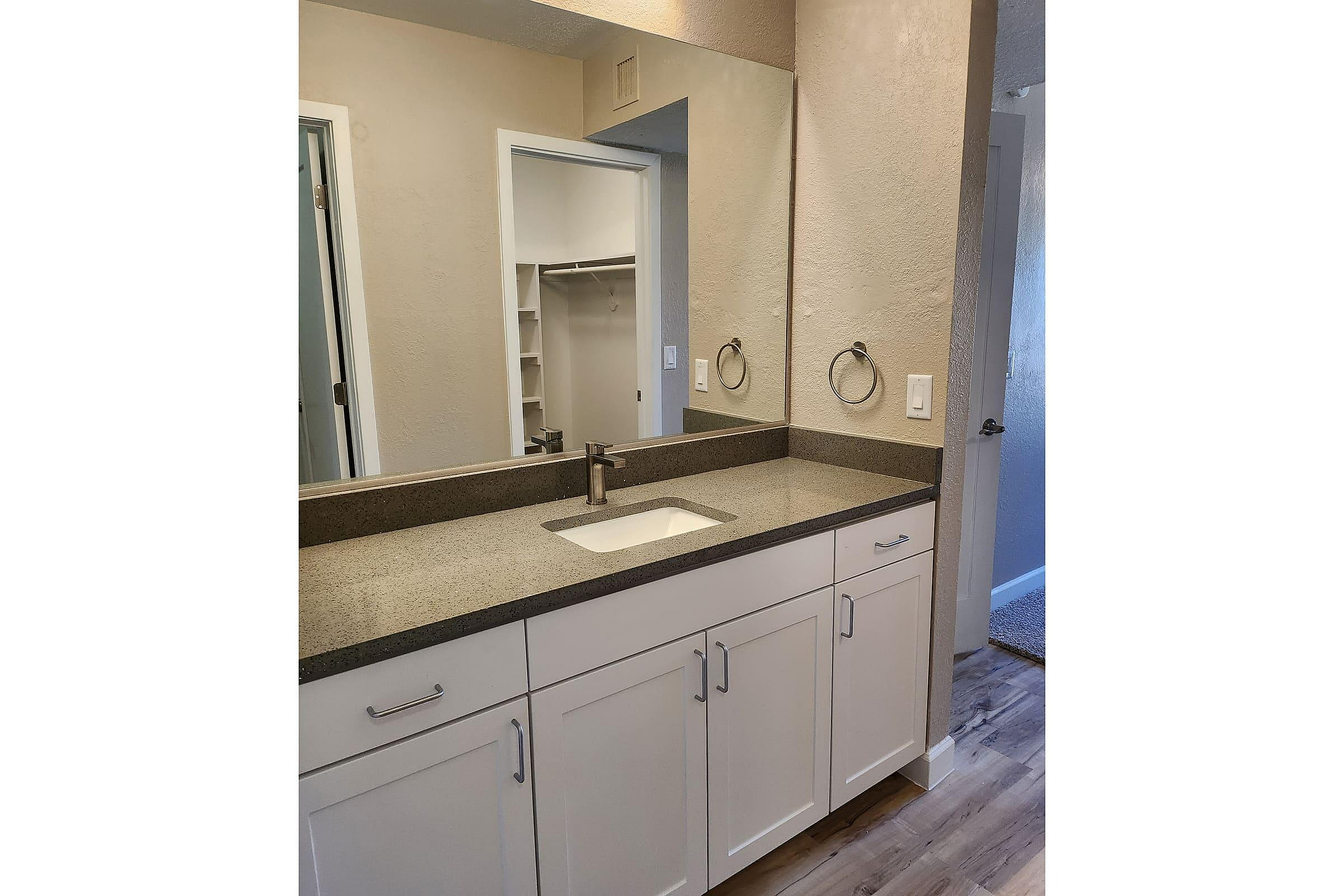 Elegant bathroom vanity with sleek countertops, ample cabinet storage, and a modern sink design.