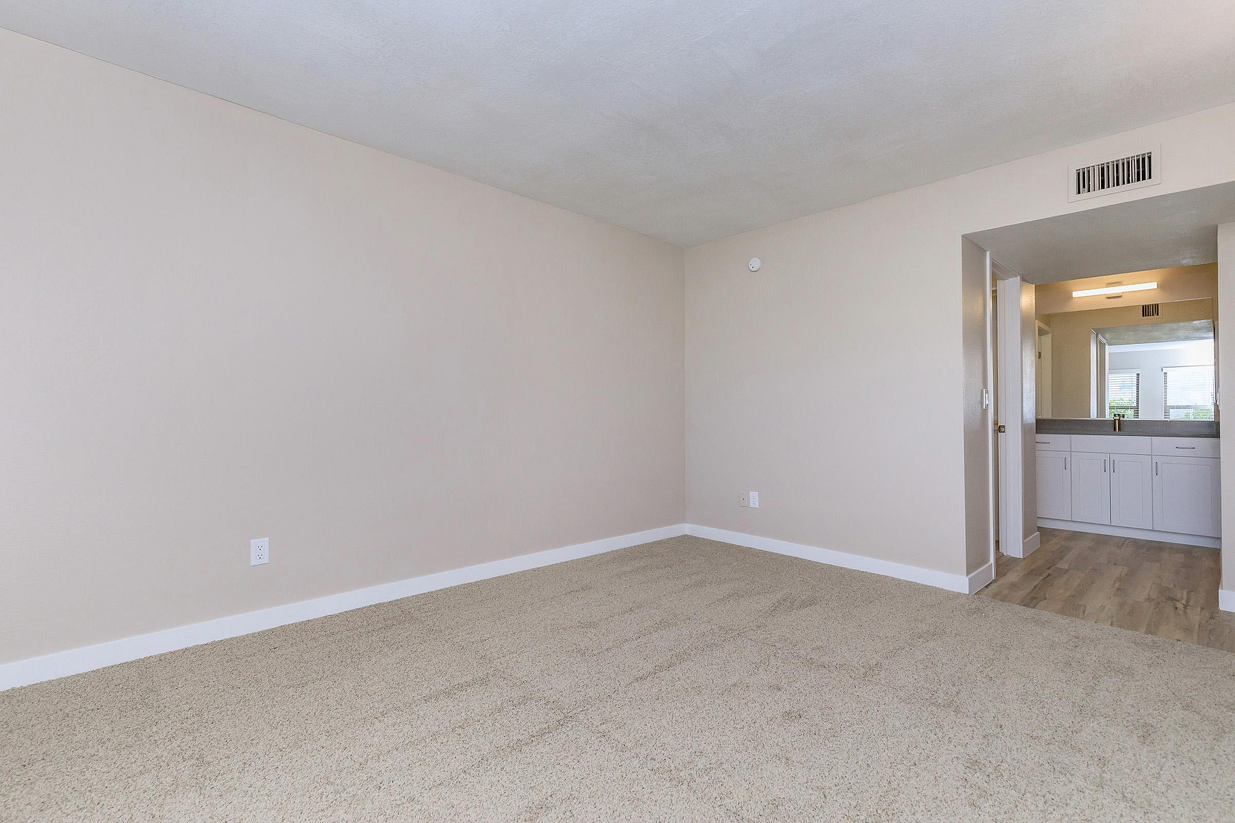 Spacious, light-filled room with plush carpeting leading to a modern bathroom vanity and mirror.