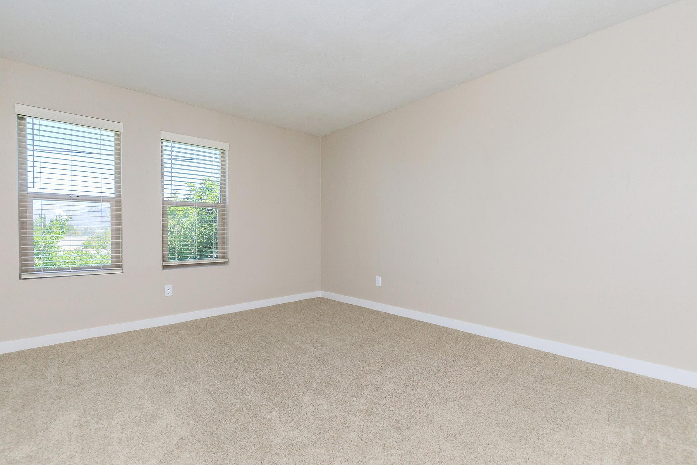 Bright and spacious room featuring large windows and soft carpet flooring, perfect for a cozy living space.