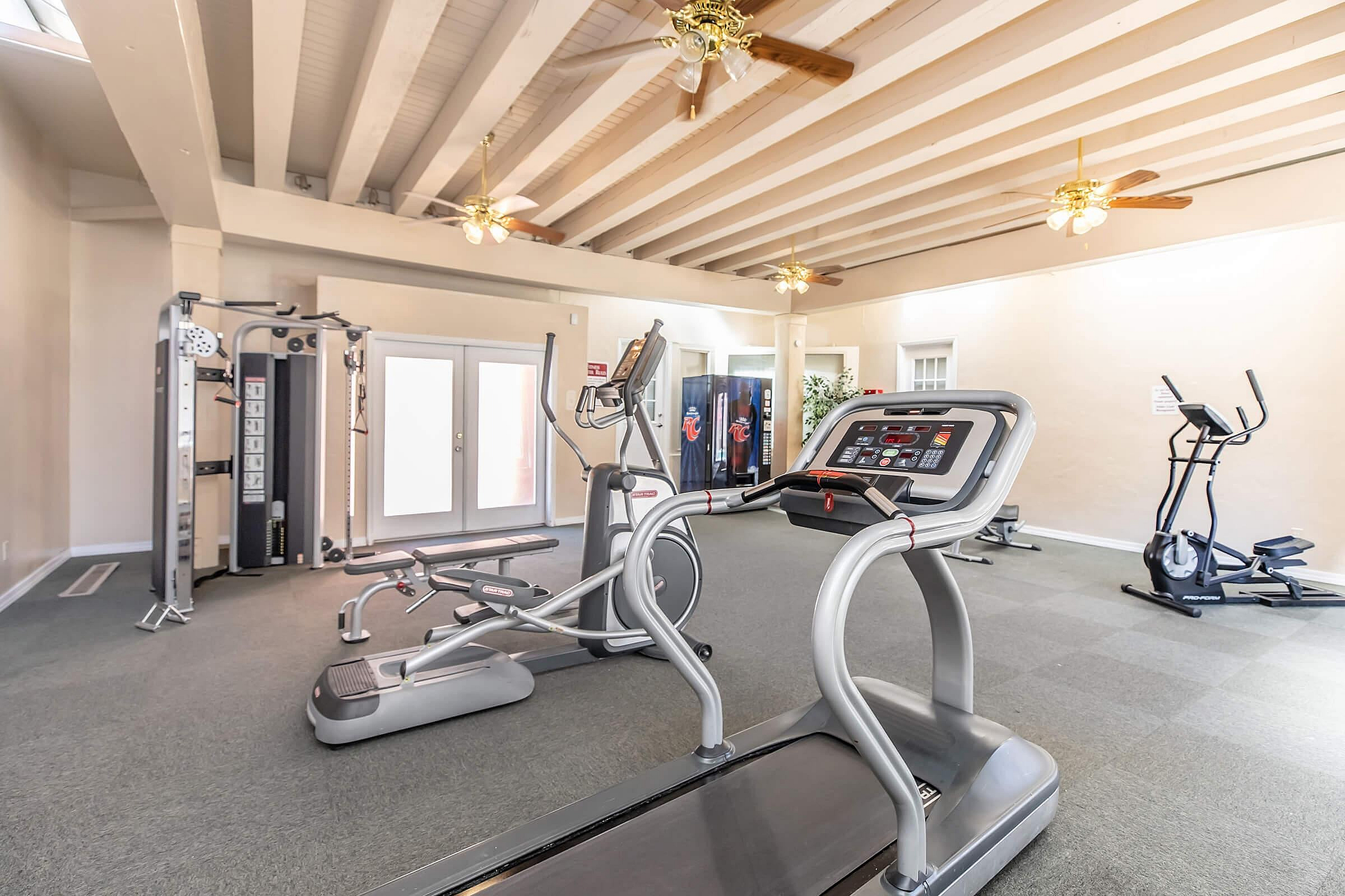 Inviting fitness center with modern exercise equipment, skylights, and stylish ceiling fans creating a vibrant workout atmosphere.