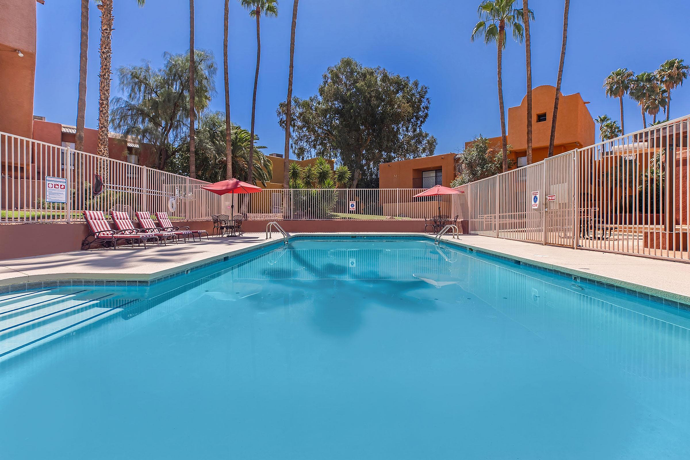 Inviting apartment complex pool area featuring sparkling blue water, comfortable lounging chairs, and vibrant red umbrellas surrounded by lush palm trees.