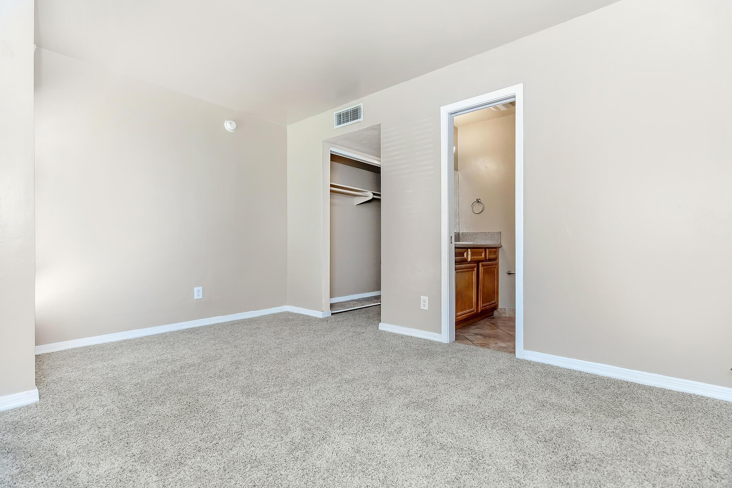 Bright and spacious bedroom with plush carpet, featuring a roomy walk-in closet and an attached elegant bathroom with modern fixtures.