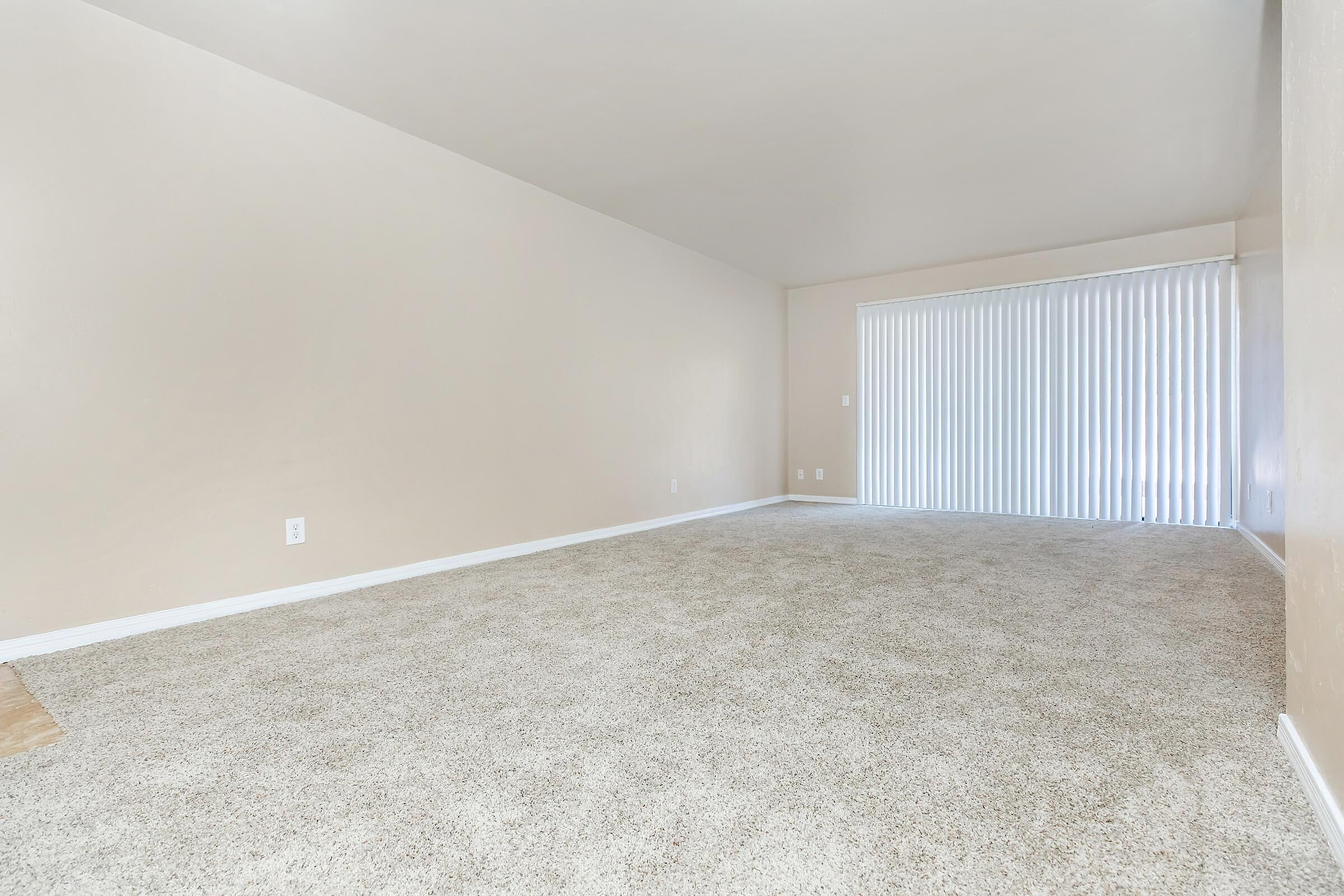 Spacious, well-lit room with soft carpet flooring and large vertical blinds, perfect for a cozy living area.