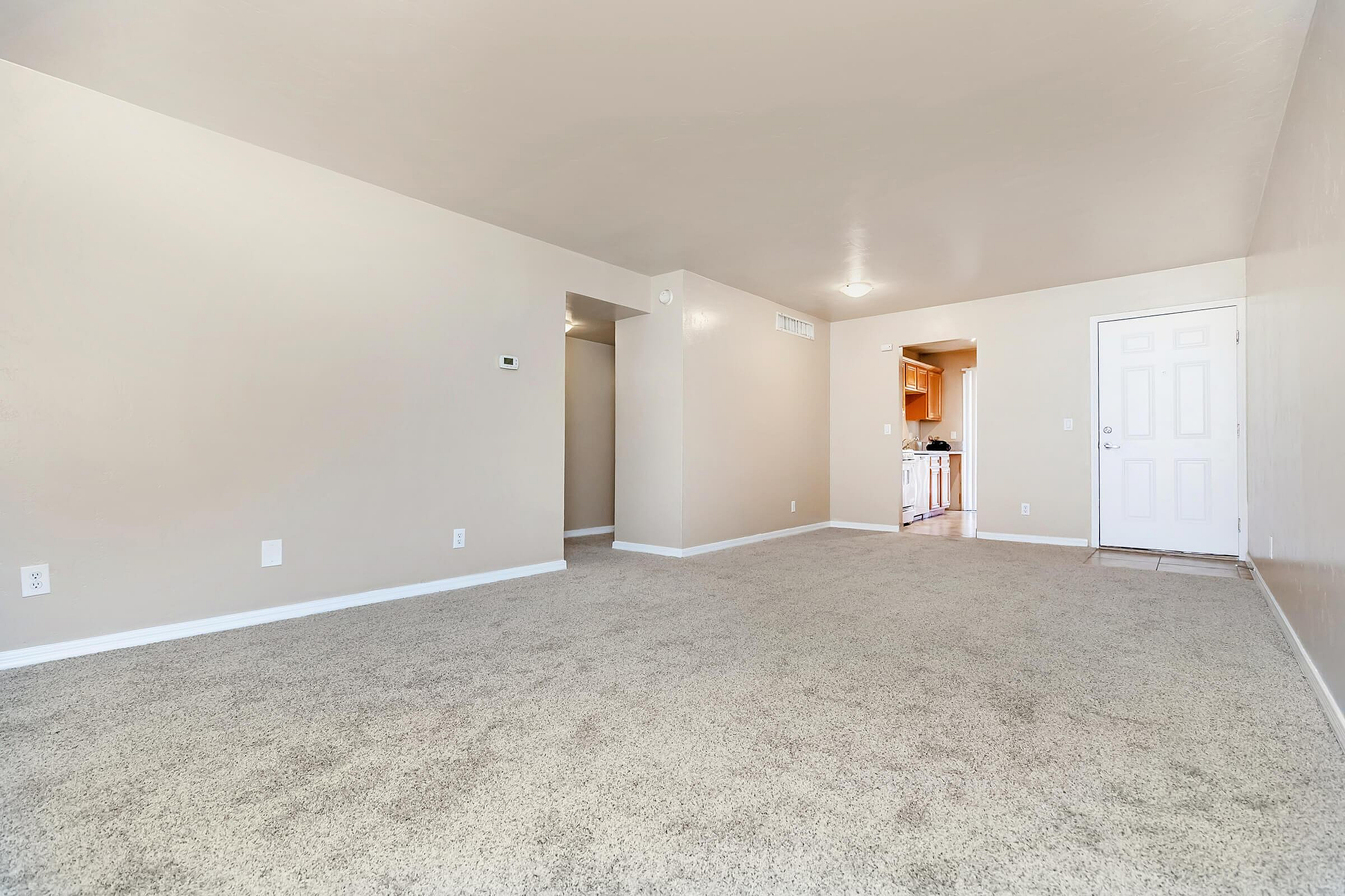 Spacious living area with plush carpeting, neutral walls, and an inviting entryway leading to a cozy kitchen.