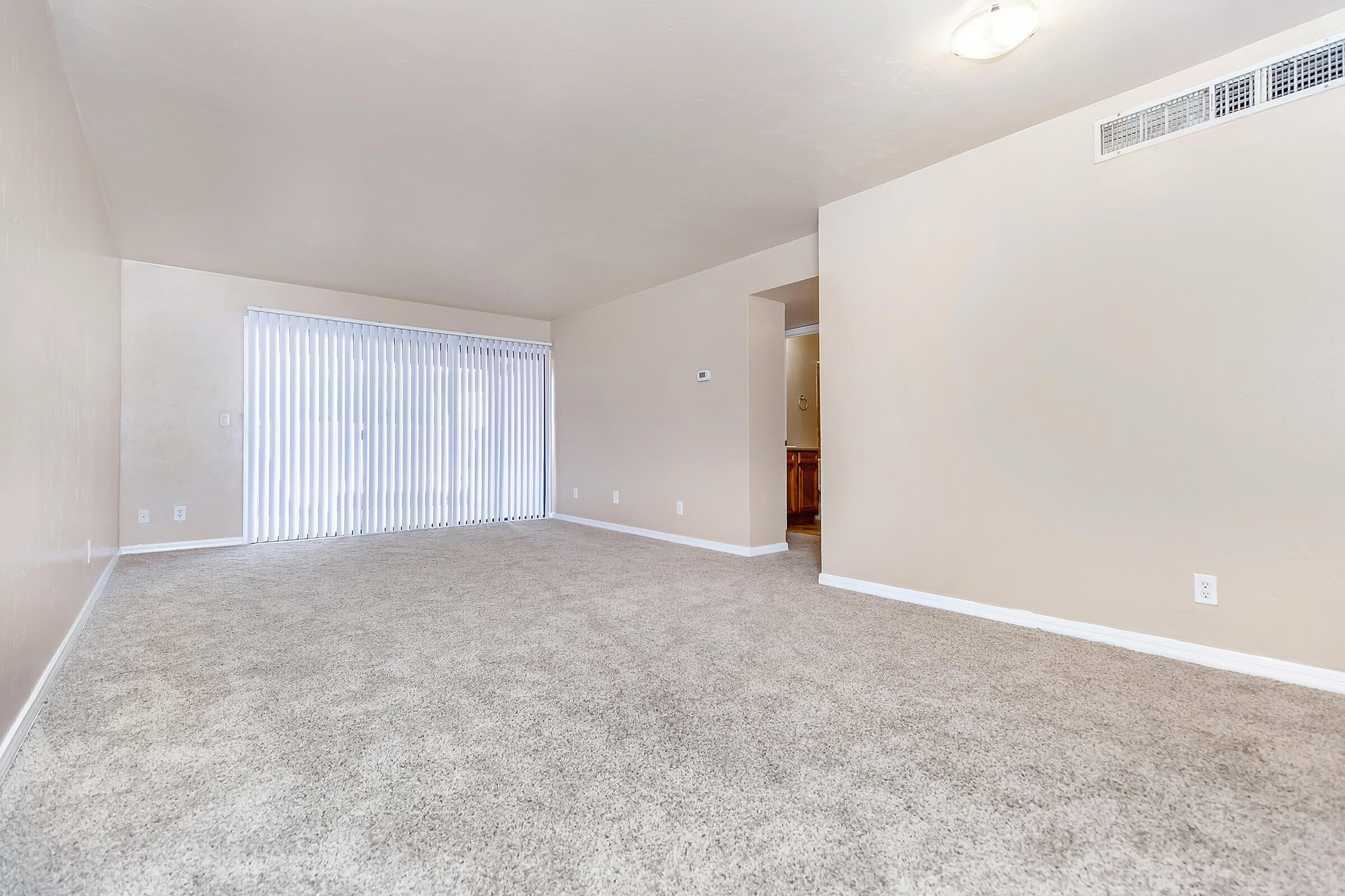 Spacious and bright apartment living room with plush carpet and large sliding glass door with vertical blinds, ideal for stylish living.