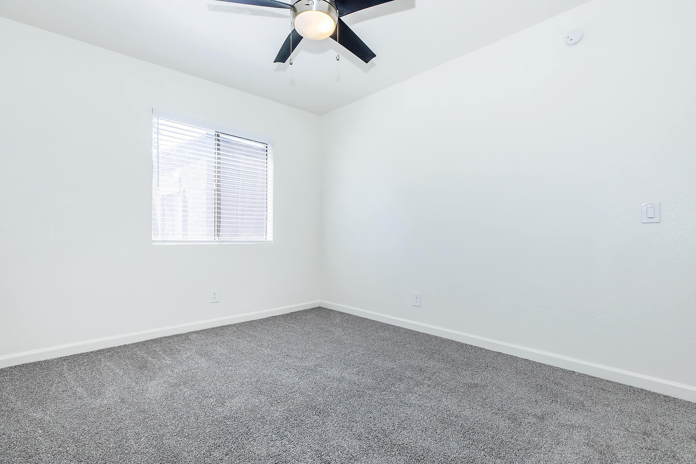 Bright and airy bedroom with fresh white walls, cozy carpet, and modern ceiling fan, perfect for relaxation.