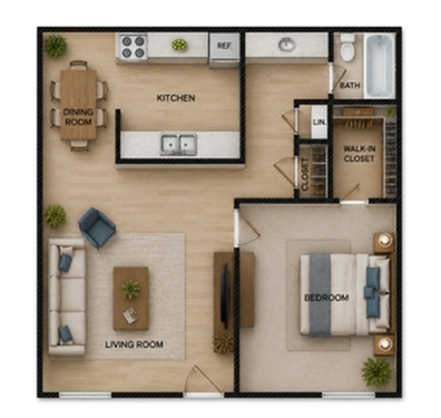 Chic apartment floor plan featuring one bedroom, modern kitchen, inviting living room, and spacious dining area with walk-in closet.
