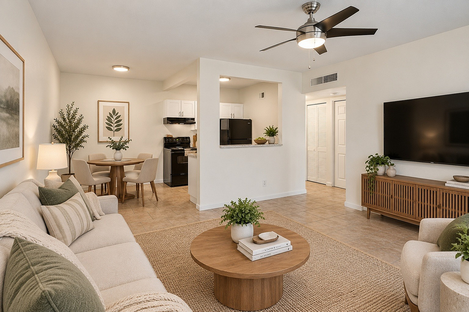 Bright and welcoming living space featuring a cozy sofa, chic round dining table, modern open kitchen, and stylish decor.