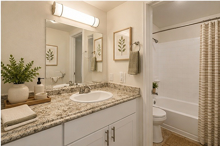 Elegant bathroom featuring a granite countertop, framed mirror, and a relaxing bathtub with modern fixtures.