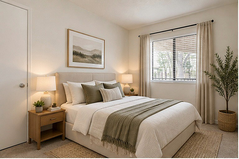 Elegant bedroom with a cozy bed, stylish nightstands, natural light, and calming neutral decor.