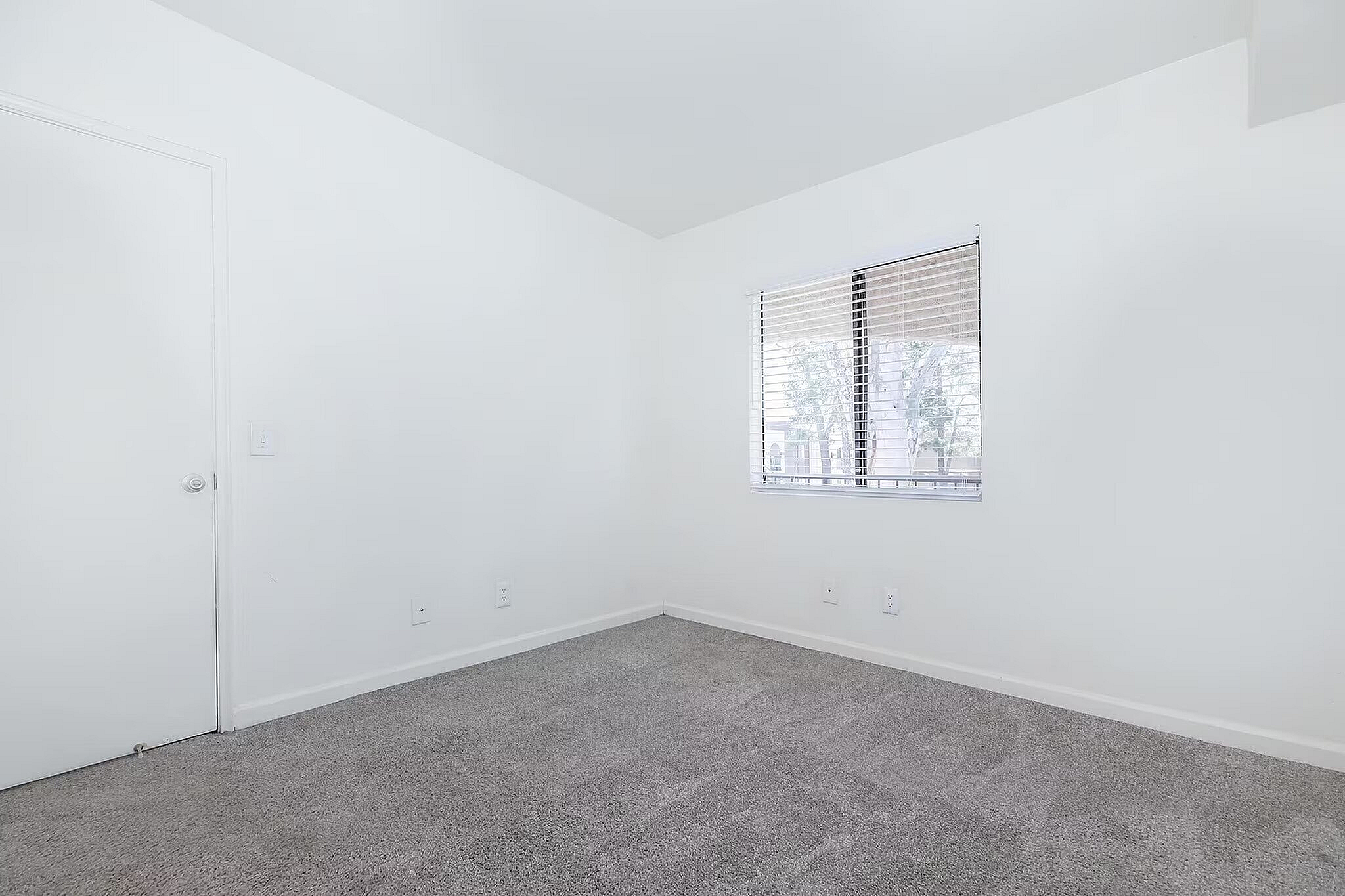 Bright and inviting room with plush carpeting and large window for natural light, ideal for a cozy bedroom setup.