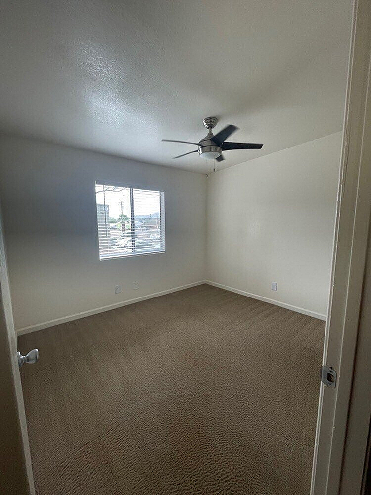 Bright, airy bedroom with plush carpet and modern ceiling fan, featuring a large window for natural light.